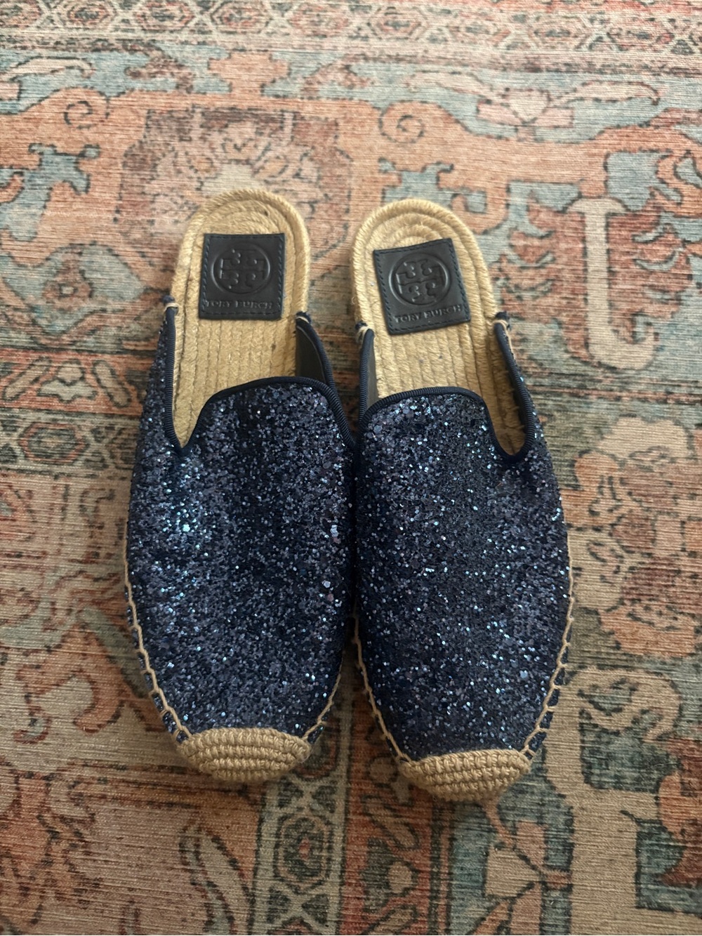 Tory Burch Navy Glitter Espadrille Mules